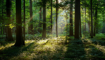 Obraz premium dense foliage filters sunlight casting dappled shadows forest floor shade dense foliage