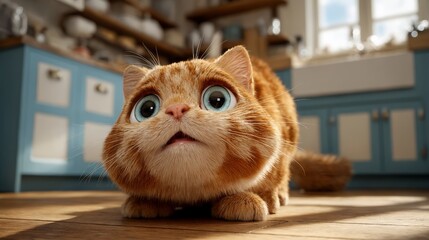 Un gato atigrado naranja con ojos azules grandes y expresivos mira fijamente a la cámara con una expresión de asombro.