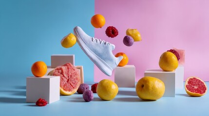 Una zapatilla blanca flota en medio de una composición vibrante de frutas y cubos blancos.