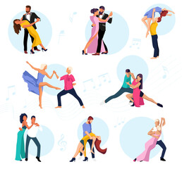 Set of dancing couples in different styles. Vector colourful illustration isolated on white background.