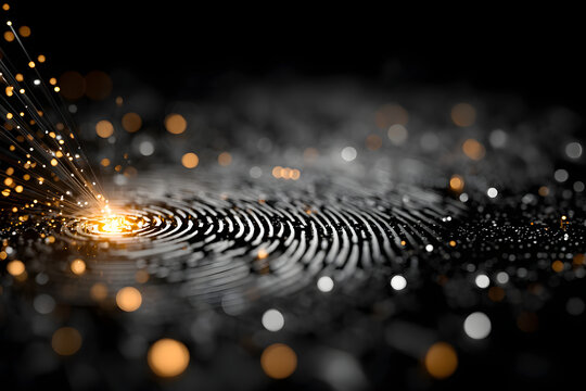Close-up of a fingerprint highlighted by glowing digital particles, symbolizing identity, security, biometrics, and futuristic data technology in a dark abstract setting.
