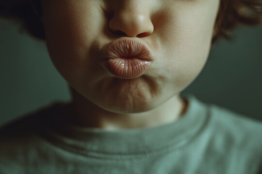 Primer plano de un ni&ntilde;o haciendo una mueca con los labios, con un fondo verde oscuro.