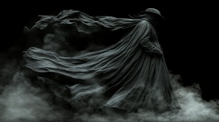 Mysterious Cloaked Figure in a Dark Smoky Atmosphere with Flowing Cape and Hat