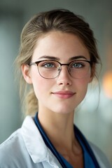 Retrato de una joven médica con una expresión serena y profesional.