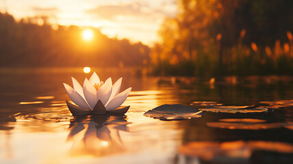 A Serene 3D Lotus Floating on a Calm Lake at Golden Hour with Warm Sunlight Reflections on the Water (11)