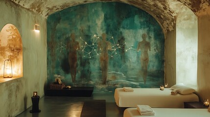 Wellness retreat hall showcase elegant wall painting of interconnected human form blending natural element like tree flowing river representing harmony of recreation nature Warm earth tone cool aqua