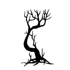 Doodle, tree silhouette with dry branches. Vector graphics.