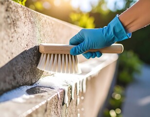 Cleaning outdoor stone wall with brush and gloves in sunlight