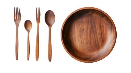 A set of modern minimalist wooden plate, bowl, fork, and spoon, isolated on a white background for contemporary dining isolated on a transparent background