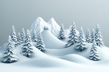 Snowy landscape with stylized trees and mountains.
