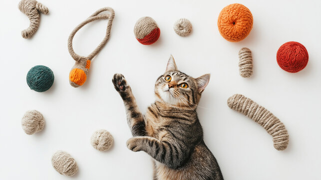 A collection of colorful cat toys including balls, scattered and isolated on a white background