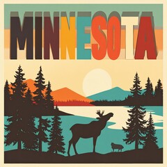 Vintage minnesota travel poster with moose and lake scene