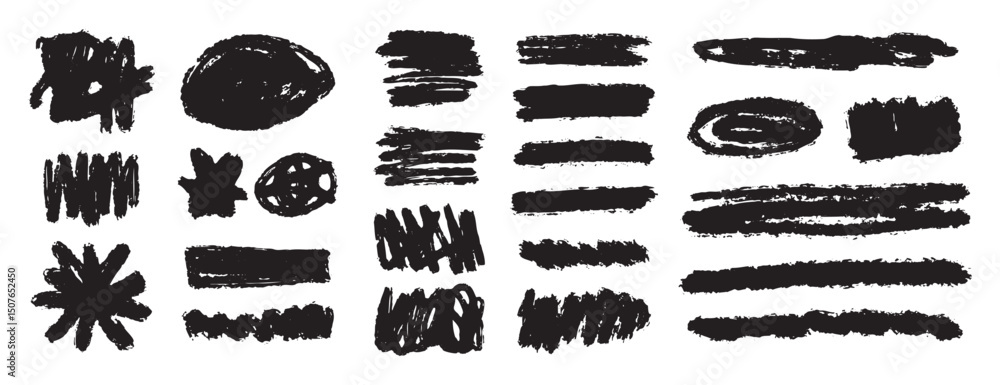 Poster ink brush strokes grunge set. dirty textures for banners, frames elements. painted objects isolated 