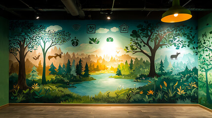 Eco workspace environmental NGO features mural of abstract forests rivers wildlife silhouettes blending energy saving symbols Shades of green earthy browns and sky blue add to the eco conscious theme
