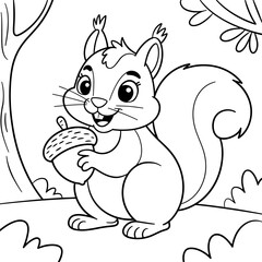 Squirrel holding acorn, coloring page for kids, vector illustration