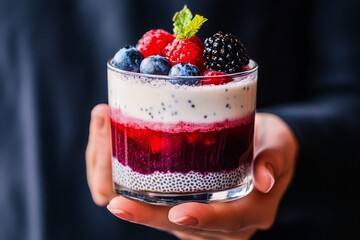 Delicious Layered Dessert Topped With Fresh Fruit in a Glass Held by a Person Against a Dark Background