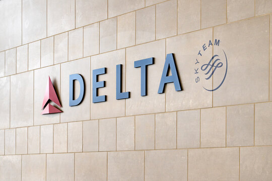 Detroit, Michigan, USA - 4 May 2025: Delta airline logo at Detroit Metropolitan Wayne County Airport