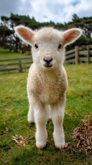 Obraz premium Cute Lamb Standing in Green Pasture Under Cloudy Sky With Wooden Fence Nearby