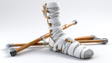 Cast and Crutches Medical Recovery Equipment for Injured Limbs with Bandages and Supportive De