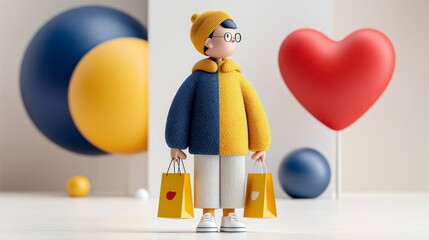 Cartoon character with shopping bags happy shopper 3D render valentines day love gift