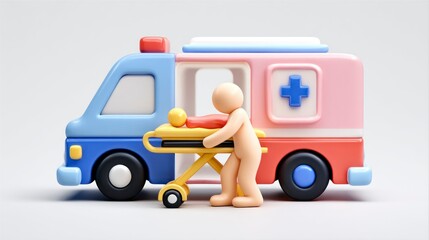 Cartoon Ambulance with Medical Worker and Patient on Stretcher Emergency Services Illustration