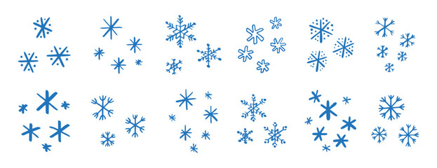 chalk pencil drawing blue snowflakes set. Snowflake doodle hand drawn cute style elements. Winter or Christmas concept.