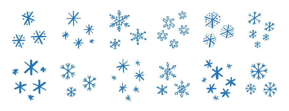 chalk pencil drawing blue snowflakes set. Snowflake doodle hand drawn cute style elements. Winter or Christmas concept.