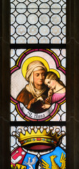 Saint Anne (the Mother of the Virgin Mary).  A stained-glass window in the Cathedral of St Elizabeth (Dóm svätej Alžbety) in Košice, Slovakia.