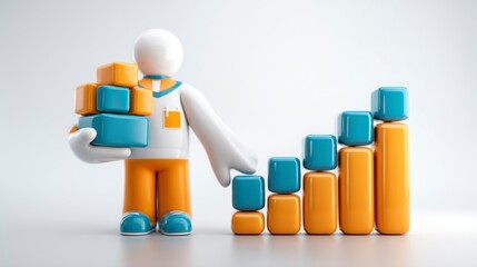 Business Growth Illustrated with Stacked Cubes and a Figure Pointing to a Bar Chart