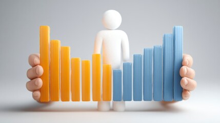 Business Growth and Success A 3D Figure Between Rising Orange and Blue Bars Symbolizing Progr