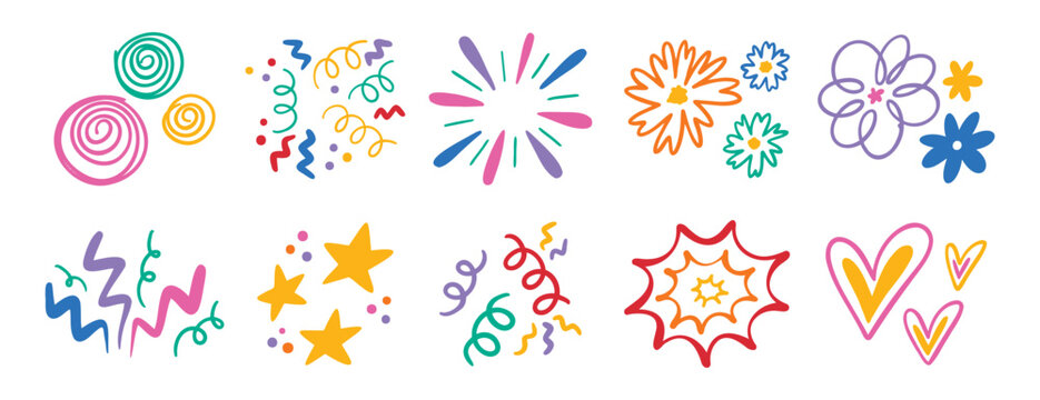 Naklejki Abstract cute shapes sticker curve set. Colorful funny element organic symbol. Doodle flower and heart, star and confetti, trendy lines cartoon drawing style. 
