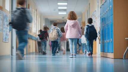 Children walking in school hallway with backpacks on first day of school