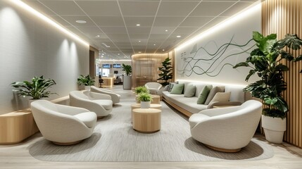 Financial advisor lounge mural showcases minimalist graphs and flowing lines representing financial growth and stability Neutral grays with subtle green accents keep the space professional yet calming