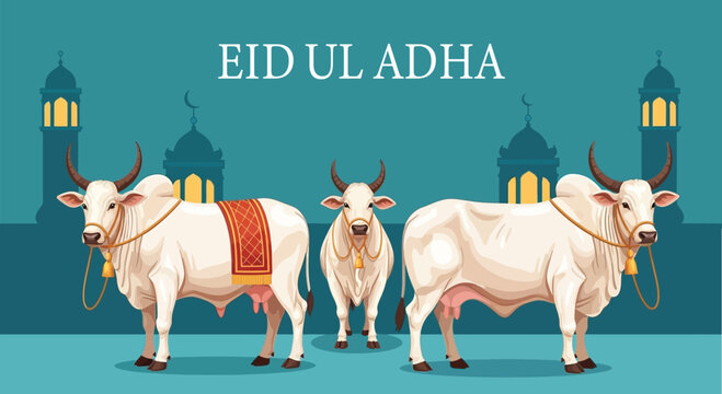Vector illustration of three decorated cows for Eid ul Adha. Features mosque silhouette background - Id holy festival of Islam Muslim. Ideal for religious posters, flyers, and Islamic cultural designs