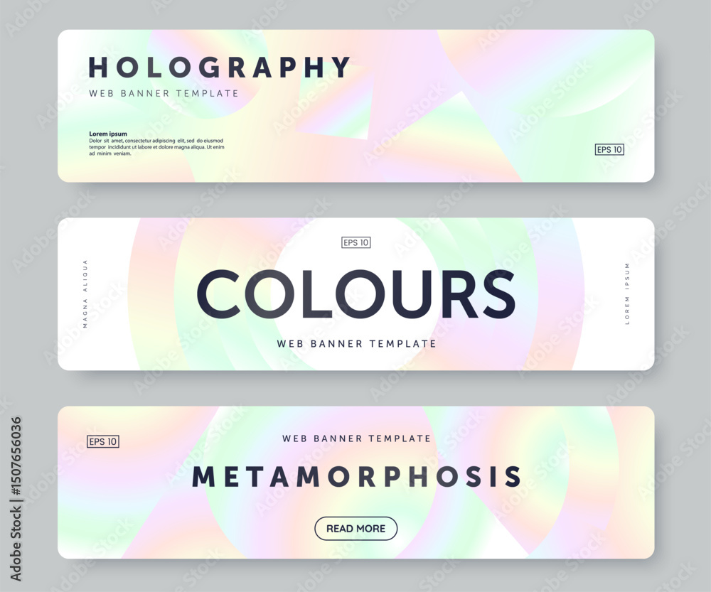 Poster holographic web banner template with iridescent gradient geometric shapes and place for text. header