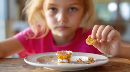Young girl snacking with focused expression in a relaxed setting