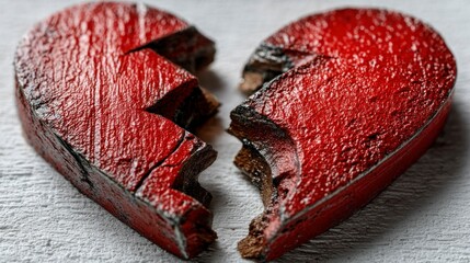 Broken Heart Symbolizing Emotional Pain and Separation A Detailed Red Wooden Sculpture with Cr