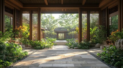 Traditional Courtyard with Lush Greenery and Serene Pathway Ideal for Relaxation and Meditatio