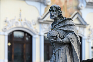 Naklejka premium A statue of Saint Ladislas (Ladislaus I of Hungary) at the Plague Column dedicated to the Immaculate Virgin Mary in Košice, Slovakia.