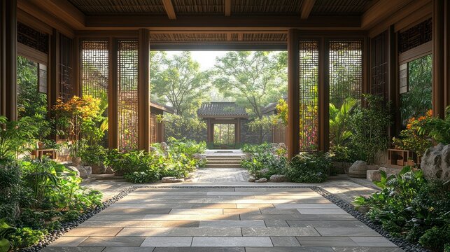 Traditional Courtyard with Lush Greenery and Serene Pathway Ideal for Relaxation and Meditatio