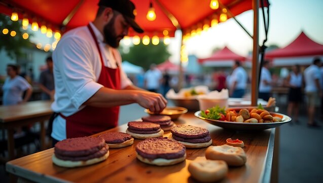 Crafting Delicious Burgers at a Vibrant Outdoor Food Market Event Scene