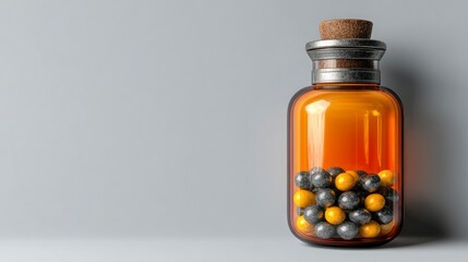 Amber Glass Bottle with Colorful Pills and Cork Stopper for Medical or Scientific Use