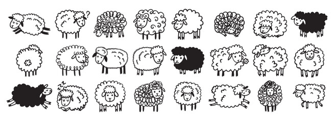 Doodle hand drawn funny cute sheep outline set. Drawing sheep
