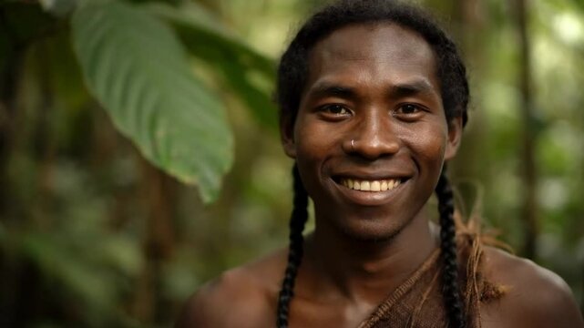 Indigenous tribe member portrait in jungle environment close up video for travel and culture content video 4k