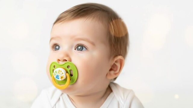 Adorable baby with pacifier looking up cute infant child with green soother and big blue eyes lovely kid video 4k