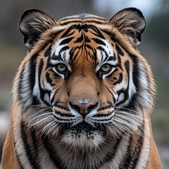 An angry tiger with his head slightly tilted and a scornful look in his eyes.