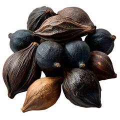 Pile of dried black and brown seeds isolated on transparent background, showcasing their texture and natural variations in color and shape