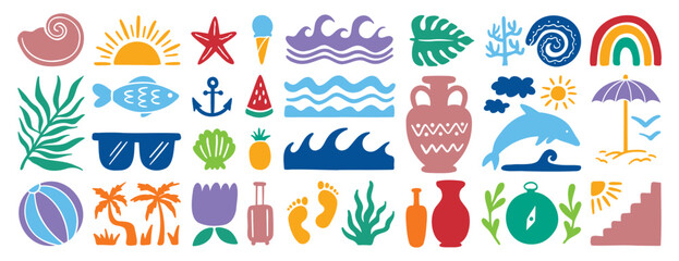 retro groovy boho geometric summer surf beach or palm tree set. beach elements hand drawn cartoon doodle signs