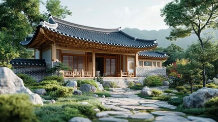 Fototapeta premium Traditional Architecture with Serene Garden and Stone Pathway