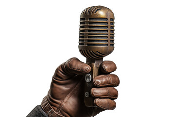 Hand holding a microphone, isolated on a transparent or white background. Perfect for podcast, music, interview, performance, or broadcast-related visuals.
